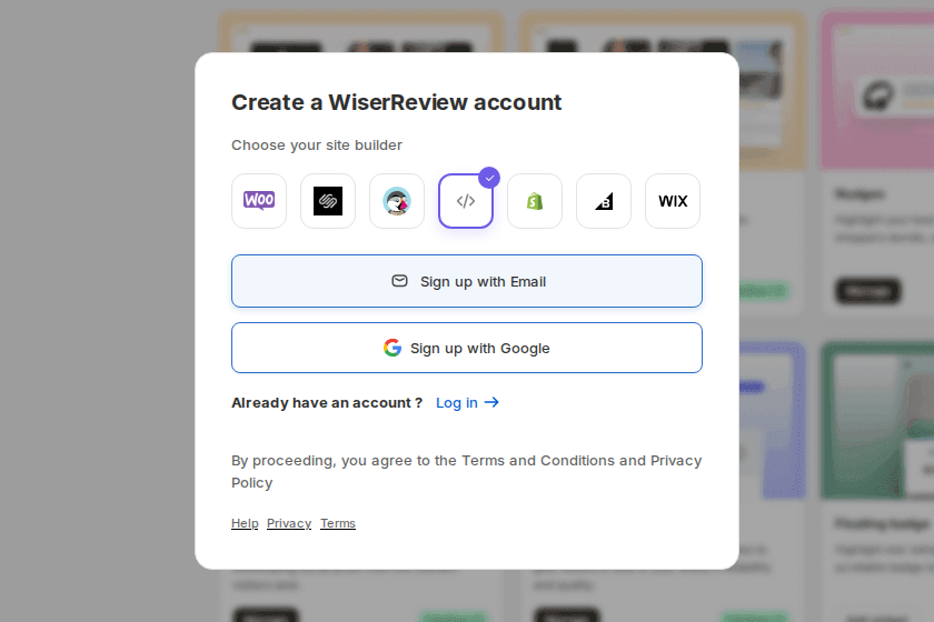 Create a WiserReview account and choose your site builder