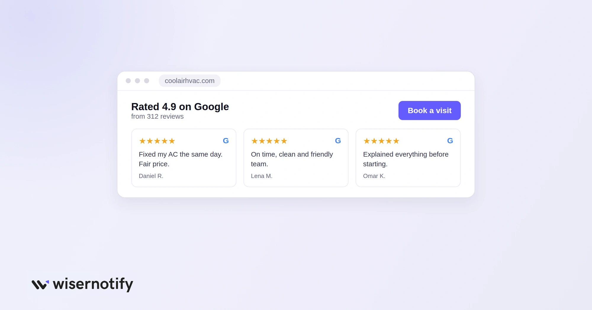Website section showing a 4.9 Google rating and recent 5-star reviews