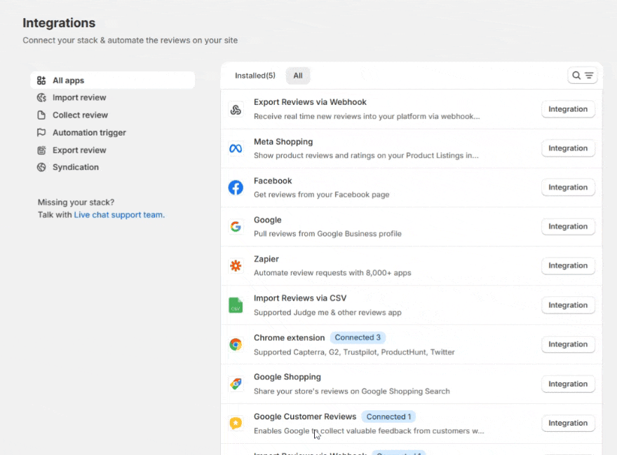 Google integration in the WiserReview Integrations list