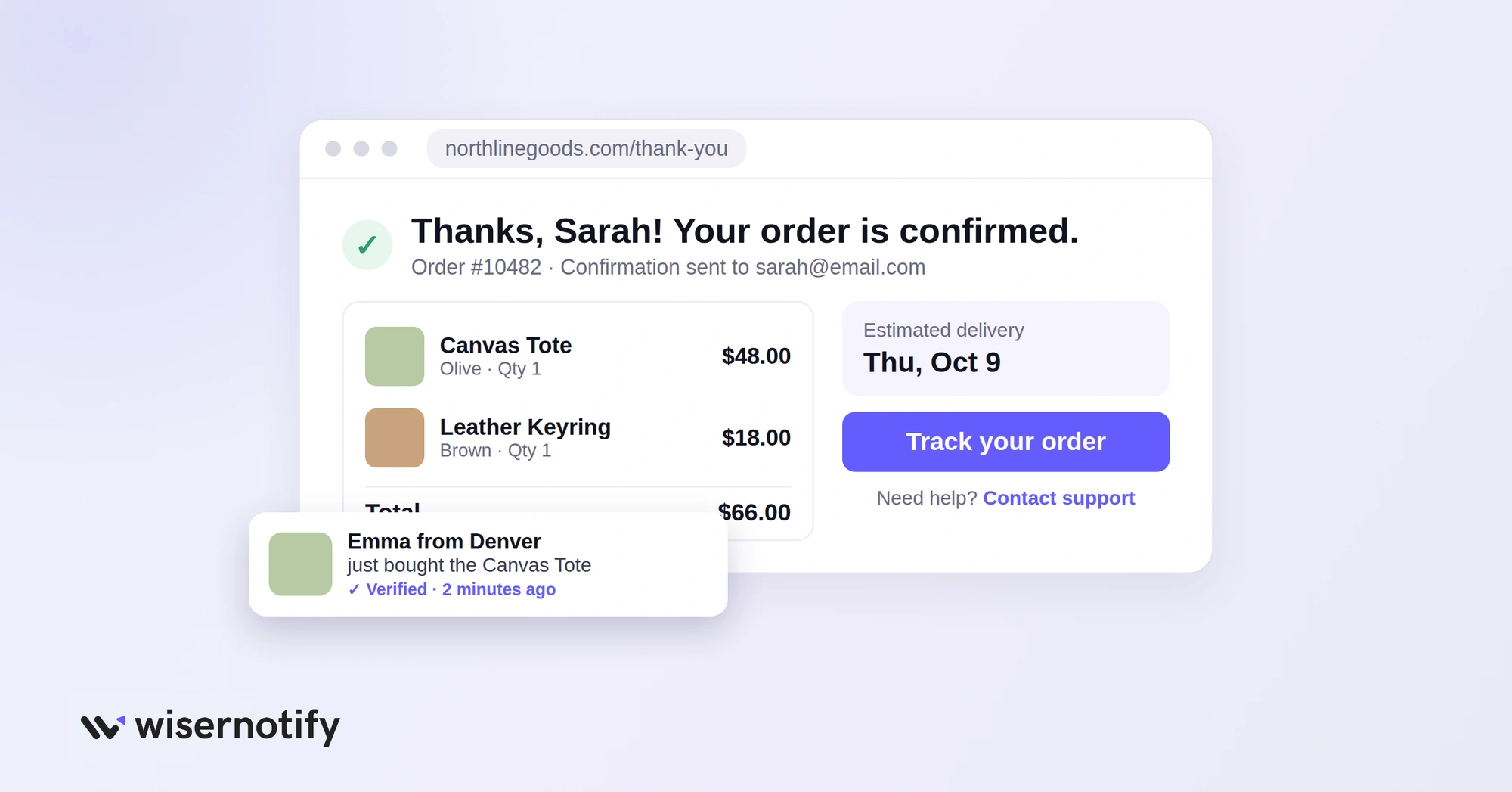 Thank-you page with a recent purchase notification in the corner