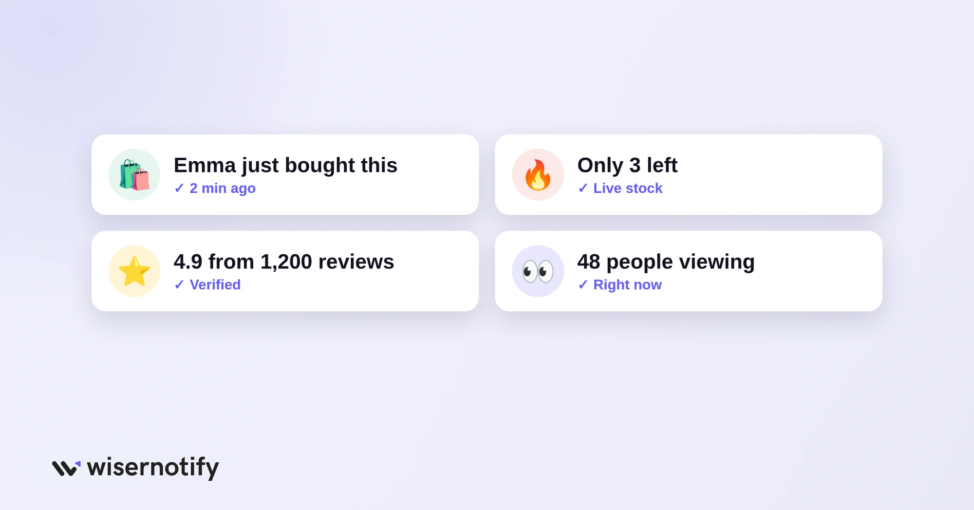 Social proof notifications: recent purchase, low stock, review rating and live visitors