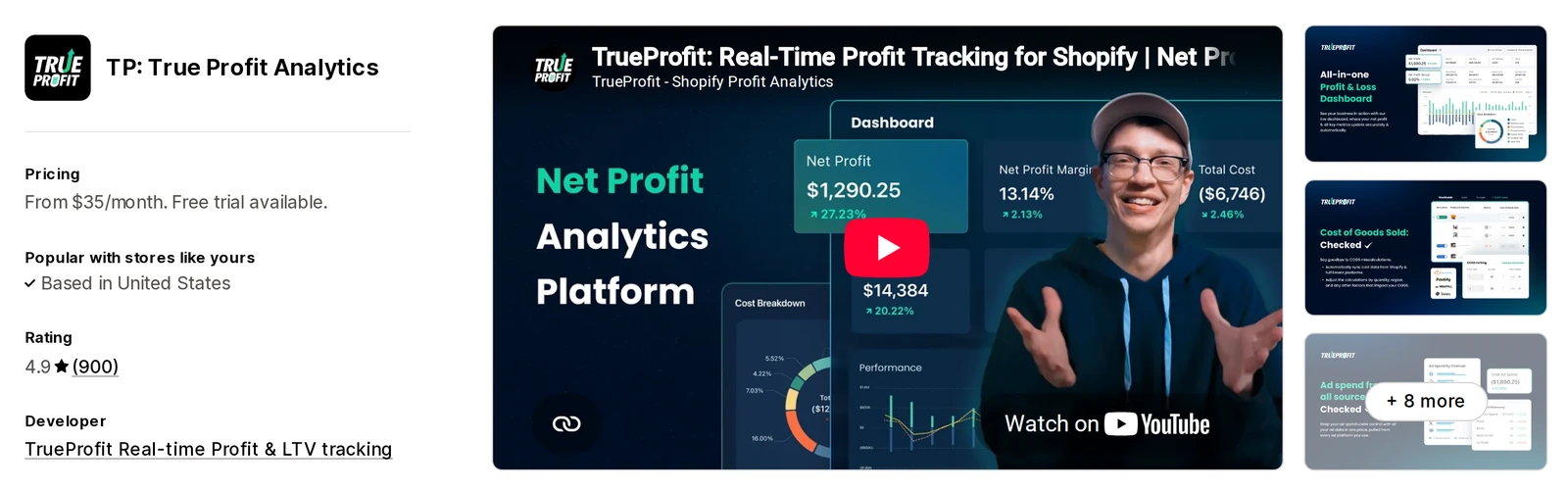 TrueProfit profit analytics app on the Shopify App Store