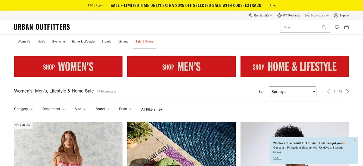 Urban Outfitters limited-time bar offering an extra 20% off sale items with a code