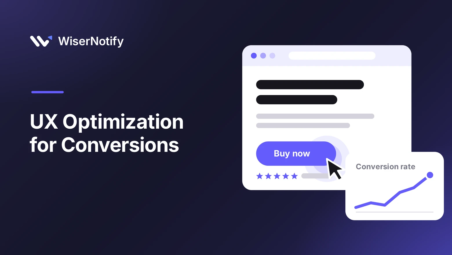UX Optimization for Conversions cover with a product page, a Buy now button being clicked, and a rising conversion rate chart
