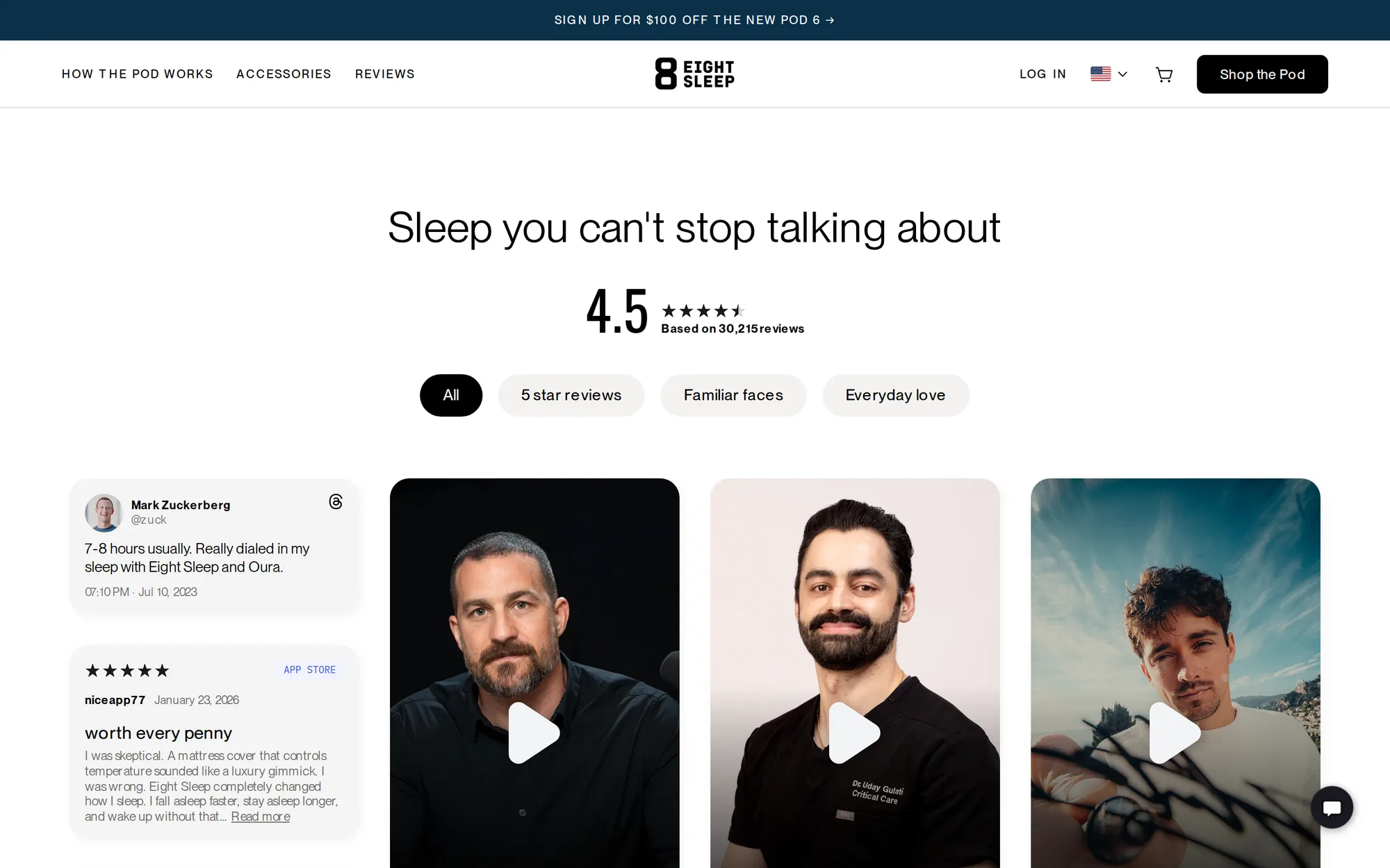 Eight Sleep wall of love with rating and video reviews