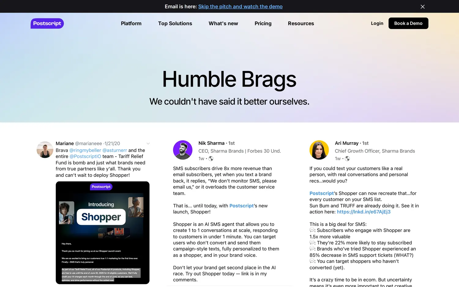 Postscript Humble Brags social wall of customer posts