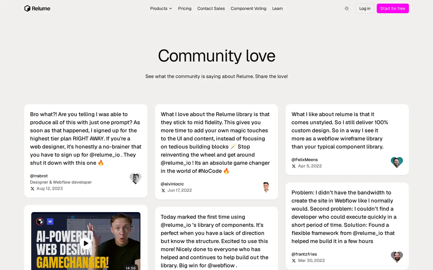 Relume community love wall of posts from X