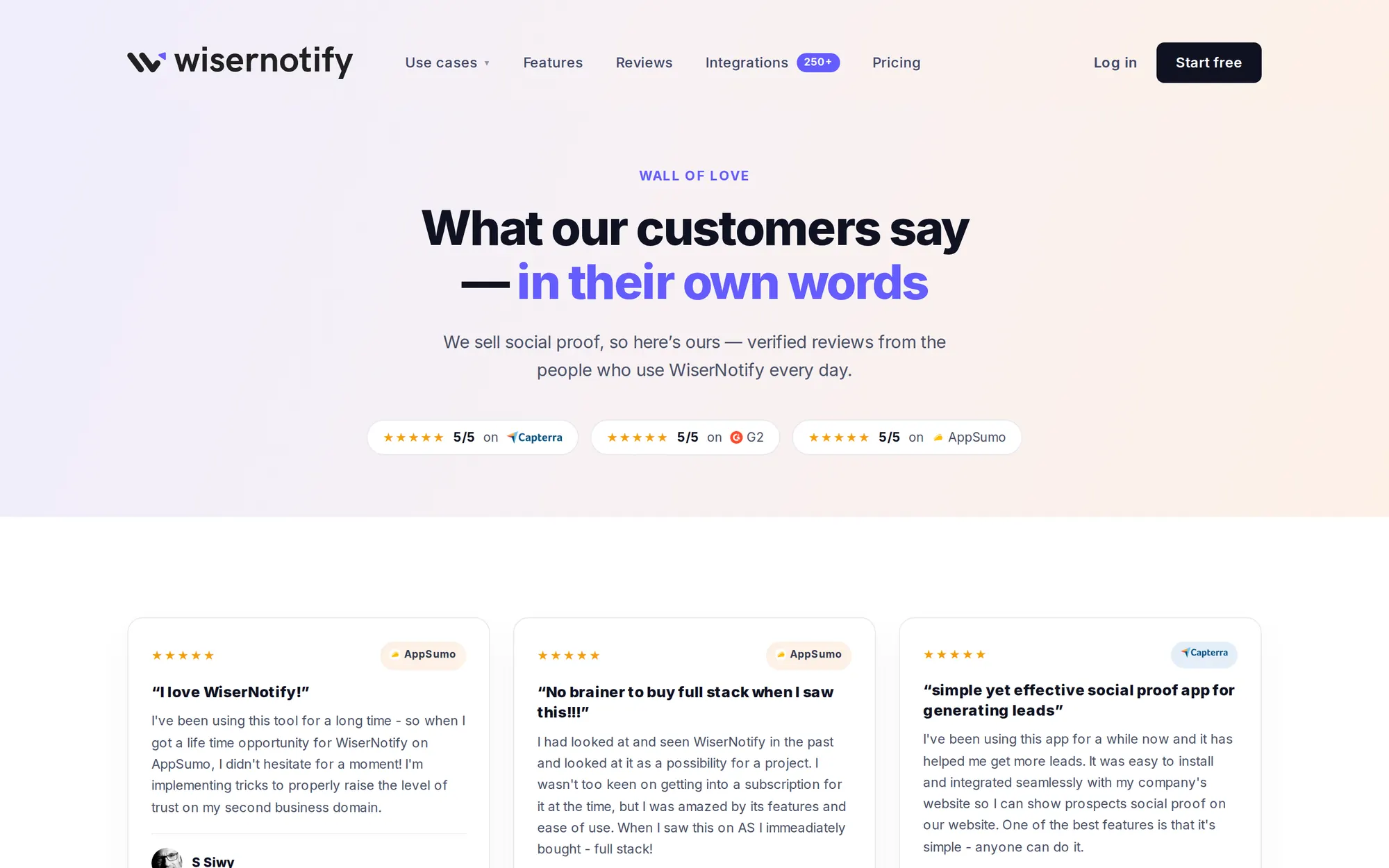 WiserNotify wall of love page with customer reviews