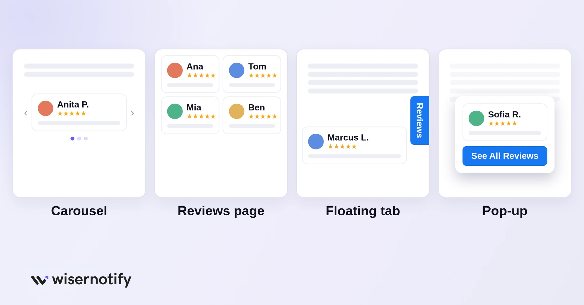 Four ways to display Facebook reviews: carousel, reviews page, floating tab and pop-up