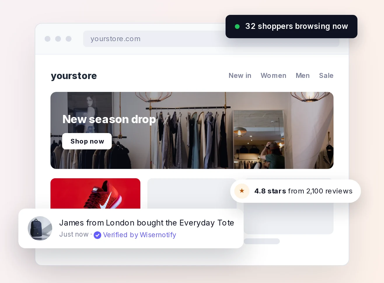 WiserNotify live notifications on a store page showing a recent purchase, visitor count, and review rating