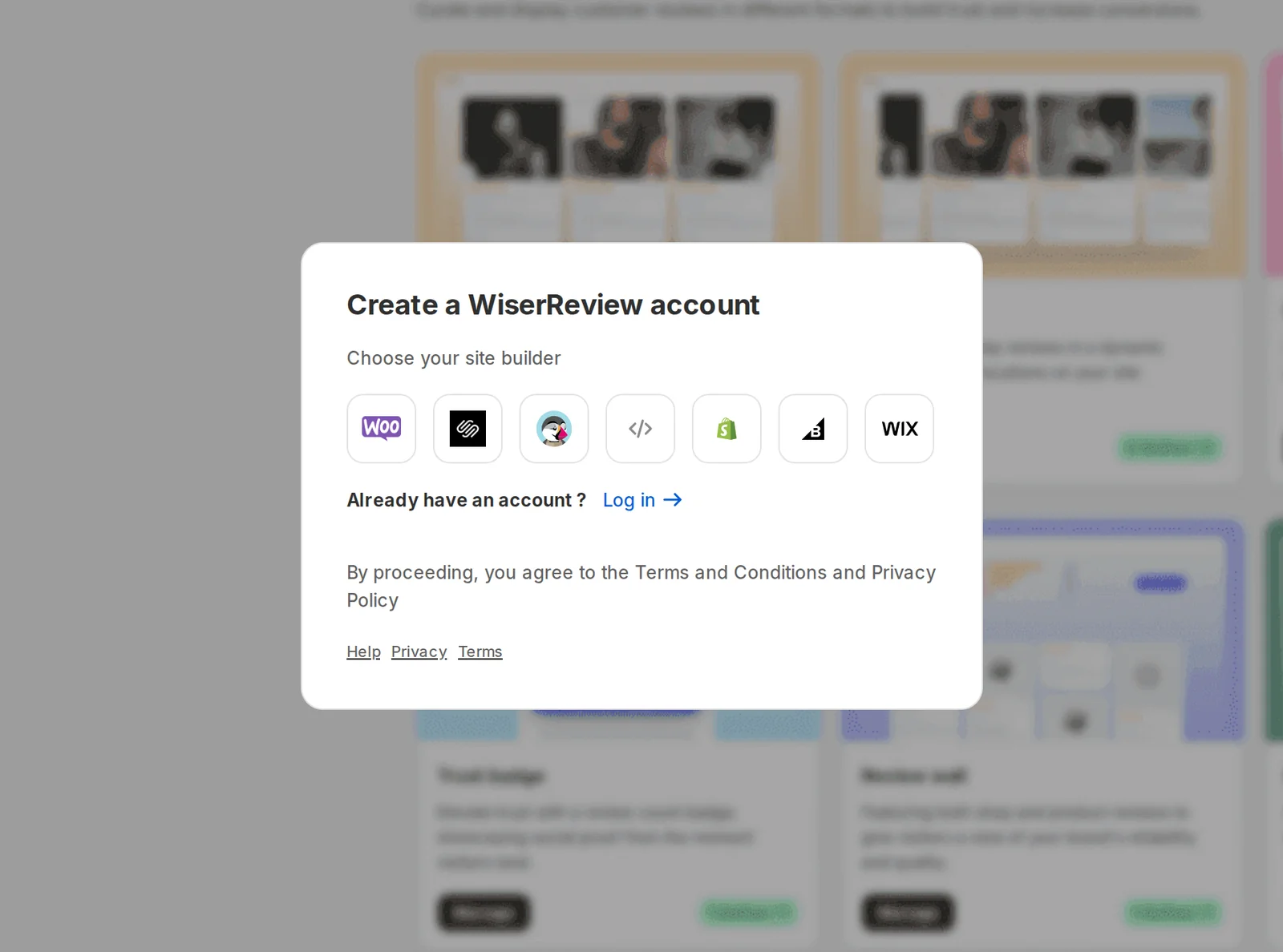 Create a WiserReview account and choose your site builder