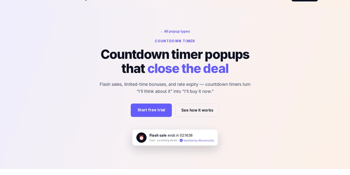 WiserNotify flash sale countdown timer popup showing ends in 02:14:36