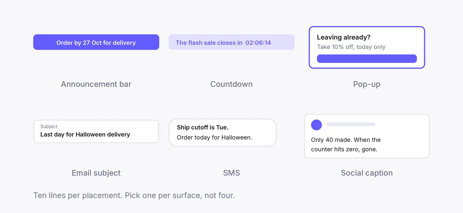 Six placements for a Halloween sale slogan: announcement bar, countdown, pop-up, email subject, SMS, social caption