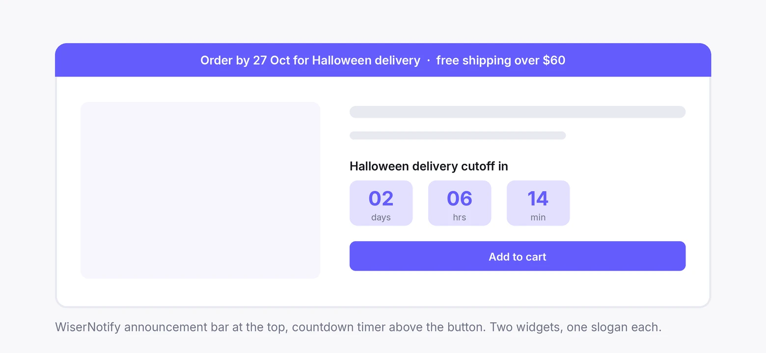 WiserNotify announcement bar with the Halloween delivery cutoff and a countdown timer above the add to cart button