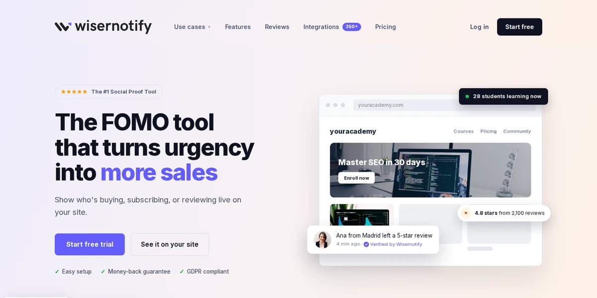 WiserNotify homepage showing live social proof notifications