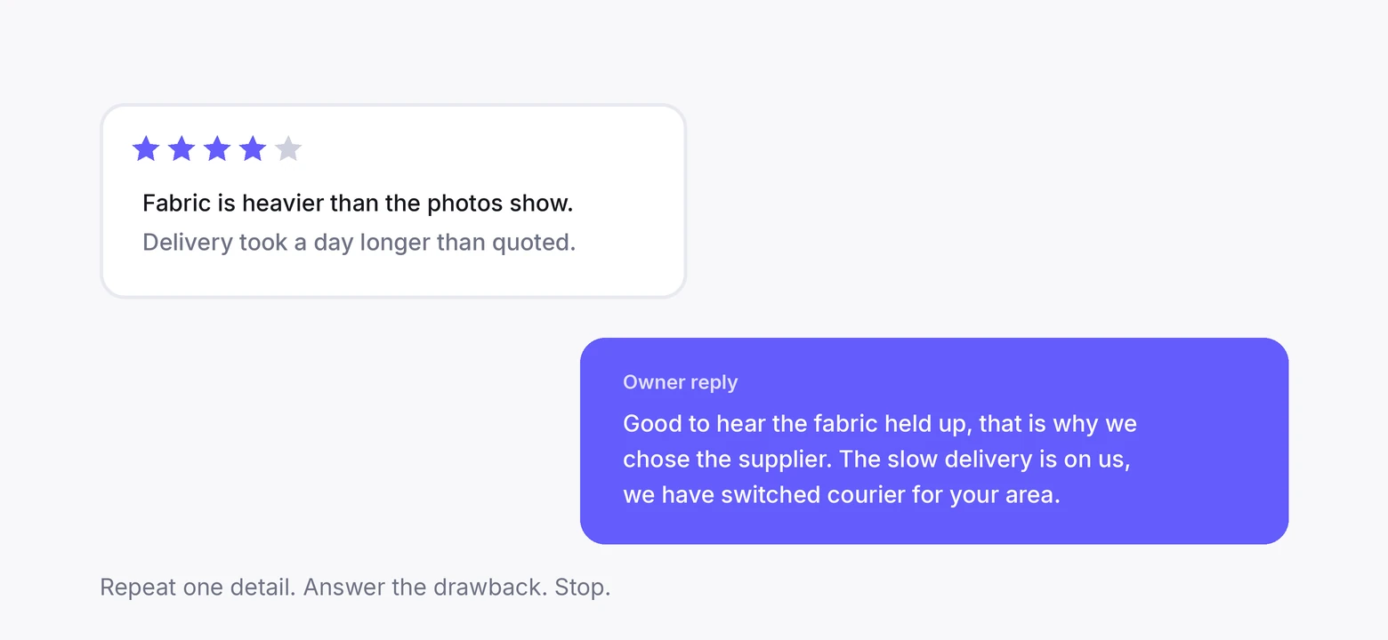 A four-star review and the owner's reply that repeats one detail and answers the drawback
