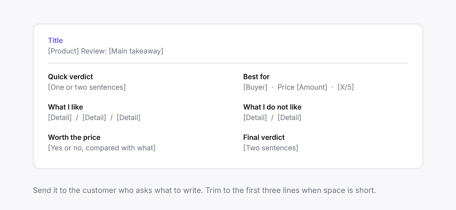 Review template with bracketed placeholders for title, verdict, likes, dislikes, price, and final verdict