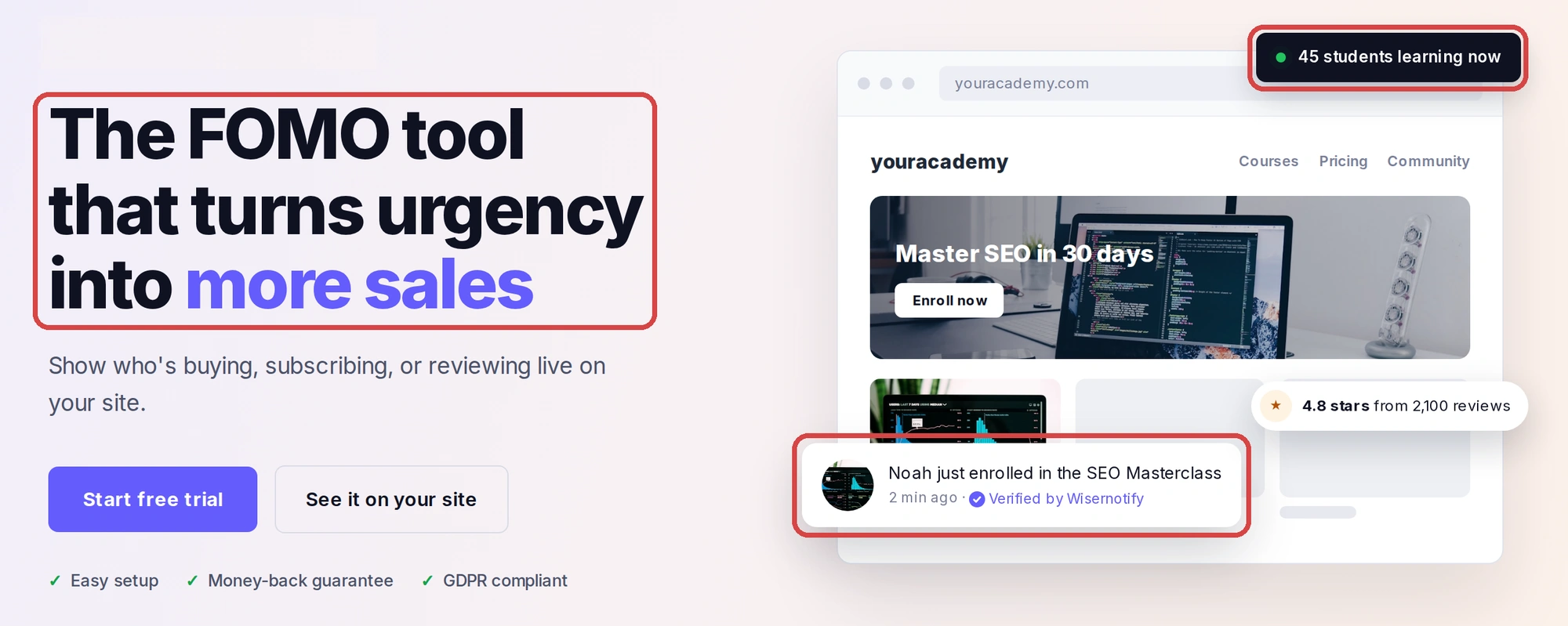 WiserNotify homepage using the trigger words FOMO, urgency and more sales, with live social proof notifications