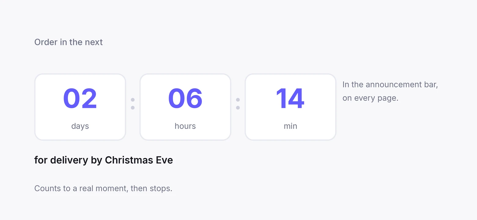 Shipping cutoff countdown showing days, hours, and minutes for delivery by Christmas Eve