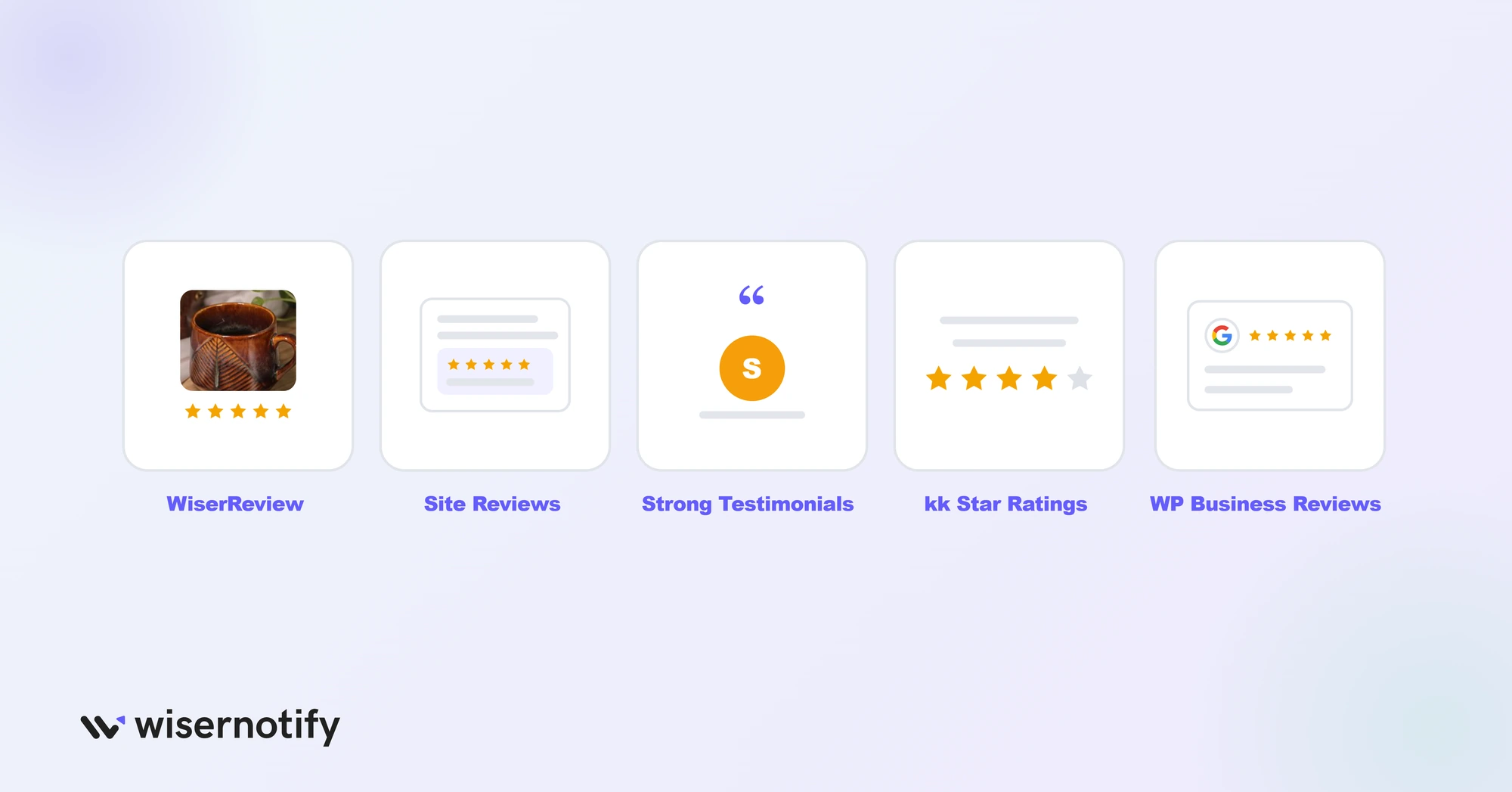 WordPress review plugins by type: WiserReview, Site Reviews, Strong Testimonials, kk Star Ratings and WP Business Reviews