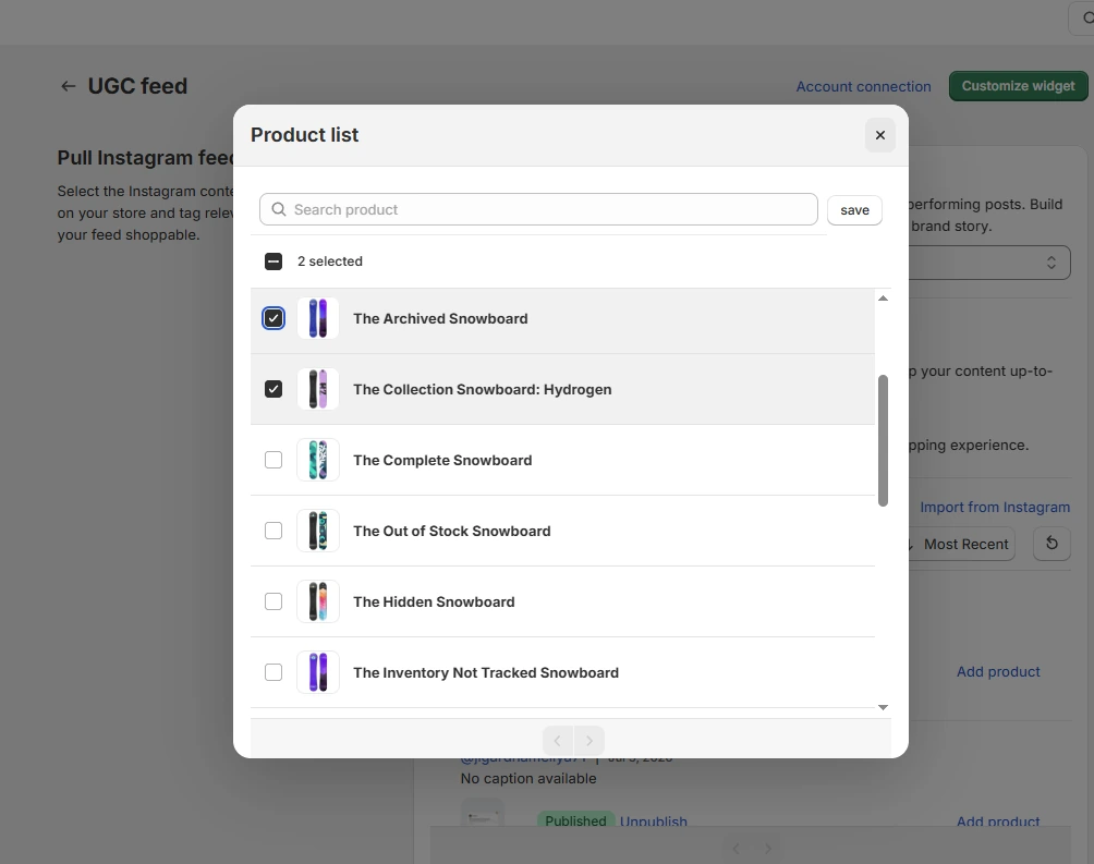 Product list for tagging products on an Instagram post