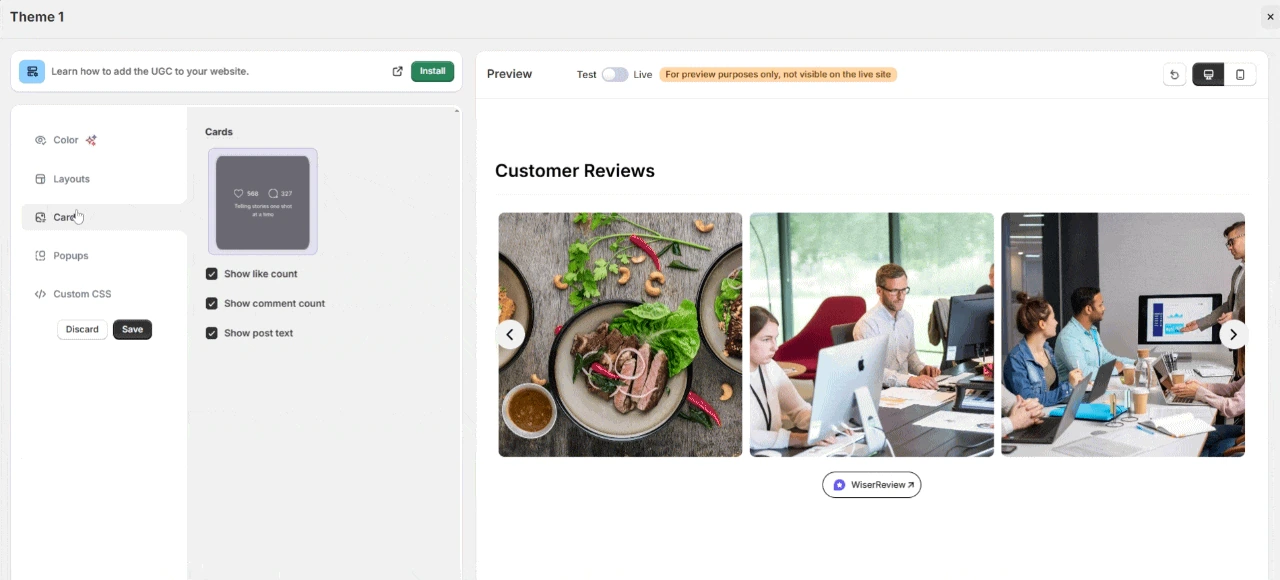 WiserReview UGC widget editor with cards settings and live preview