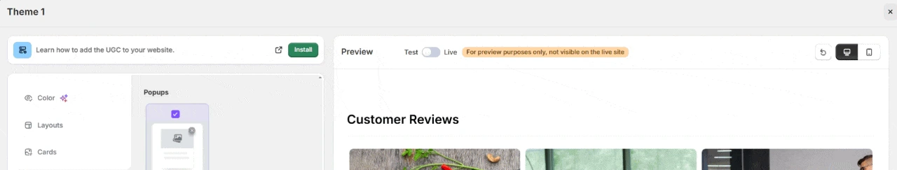 Install button at the top of the WiserReview UGC widget editor