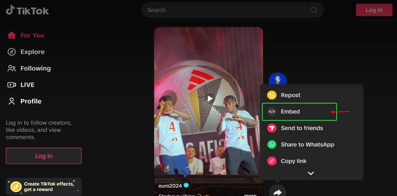 Embed option in the TikTok video share menu