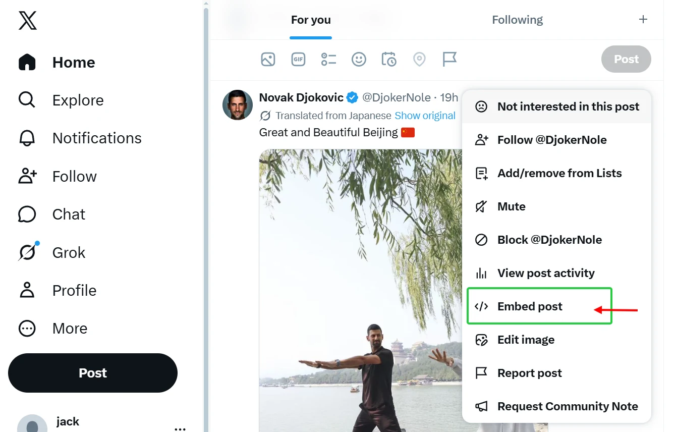 Embed post option in the three-dot menu of an X (Twitter) post