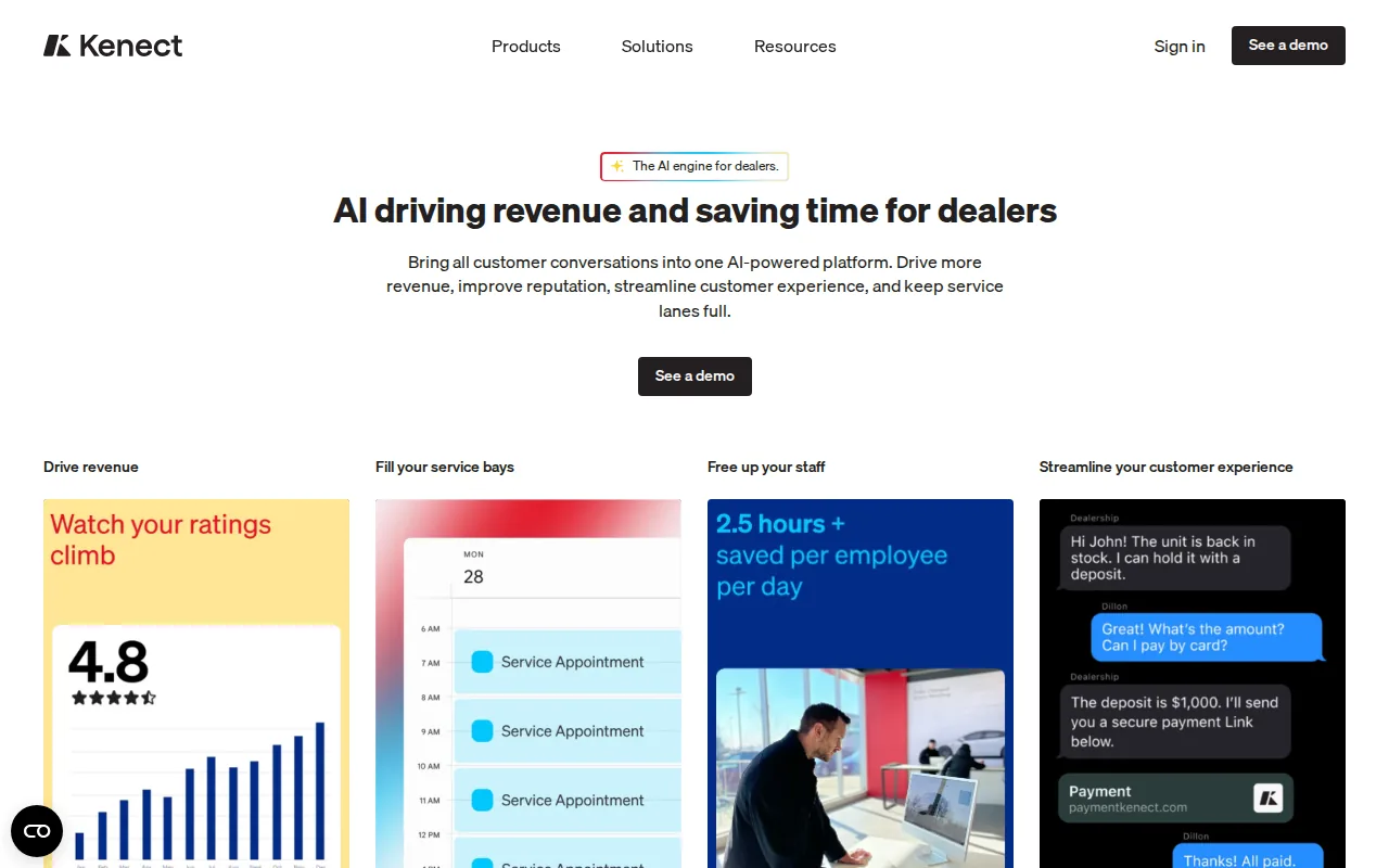 Kenect homepage describing the product as the AI engine for dealers