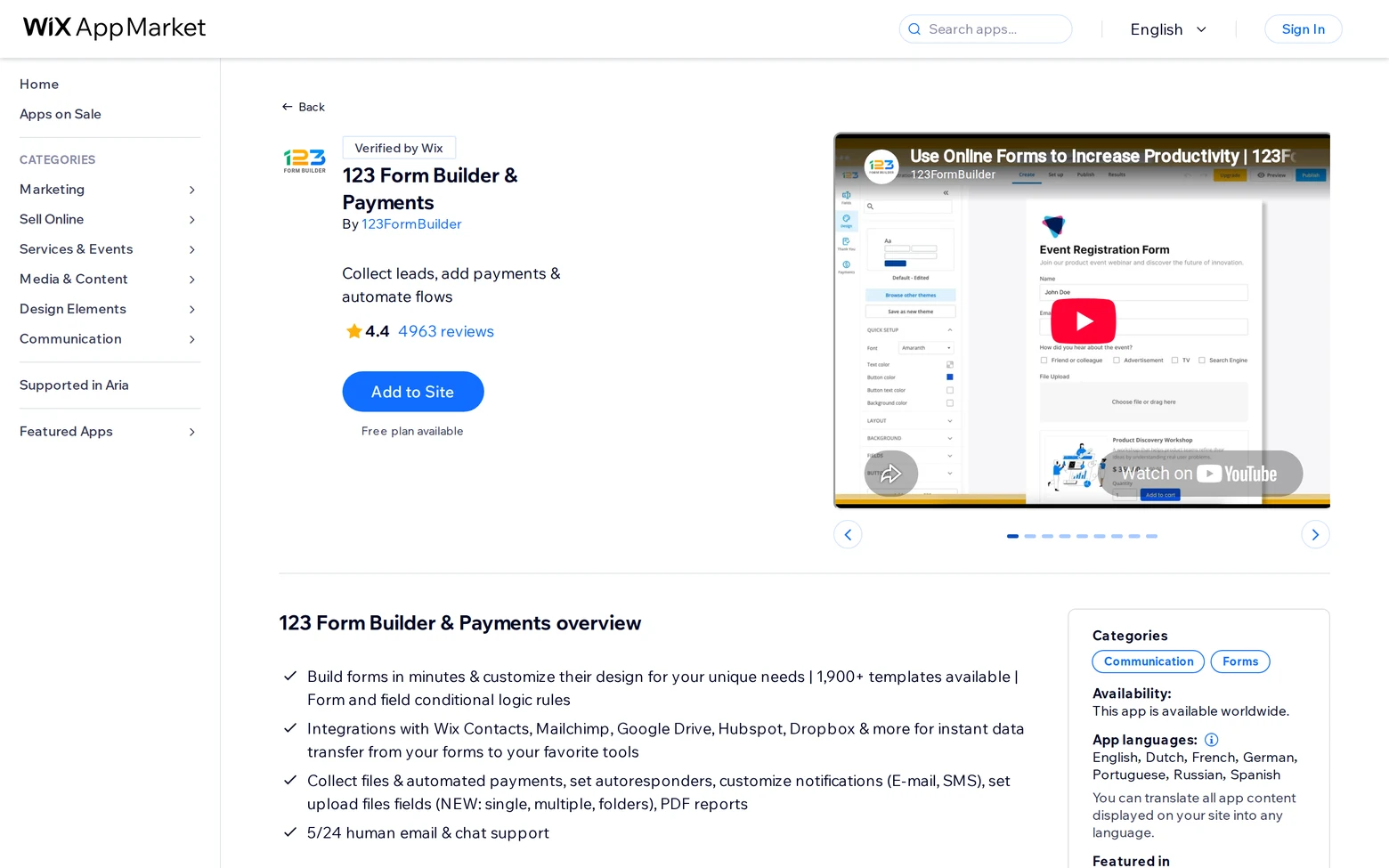 123 Form Builder on the Wix App Market