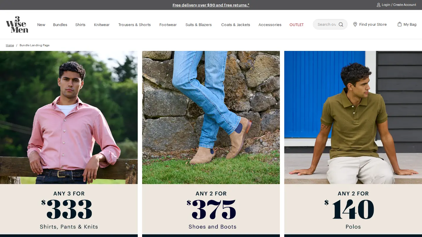 3Wisemen bundle deals page with any 3 for $333 on shirts, pants and knits, any 2 for $375 on shoes and boots, and any 2 for $140 on polos