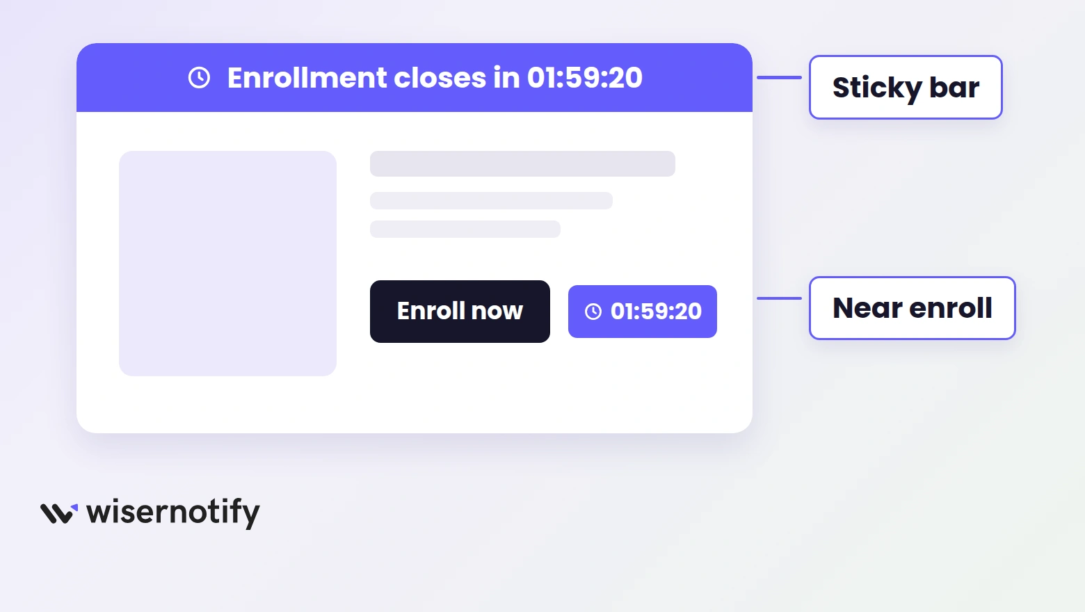 Thinkific course page mockup showing a countdown timer in a sticky bar and near the enroll button
