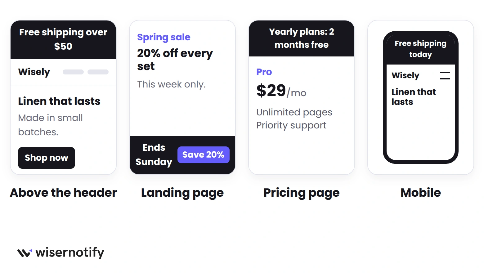 Announcement bar placements on an Elementor site: above the header, on a landing page, on a pricing page and on mobile