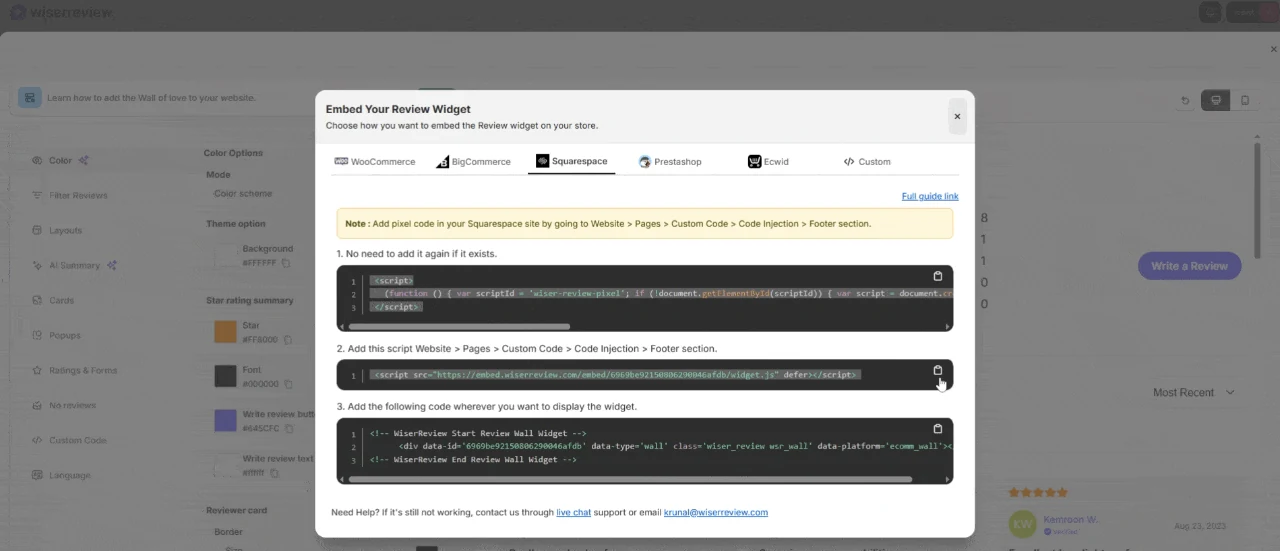 WiserReview Embed Your Review Widget window with the Squarespace tab and three code boxes