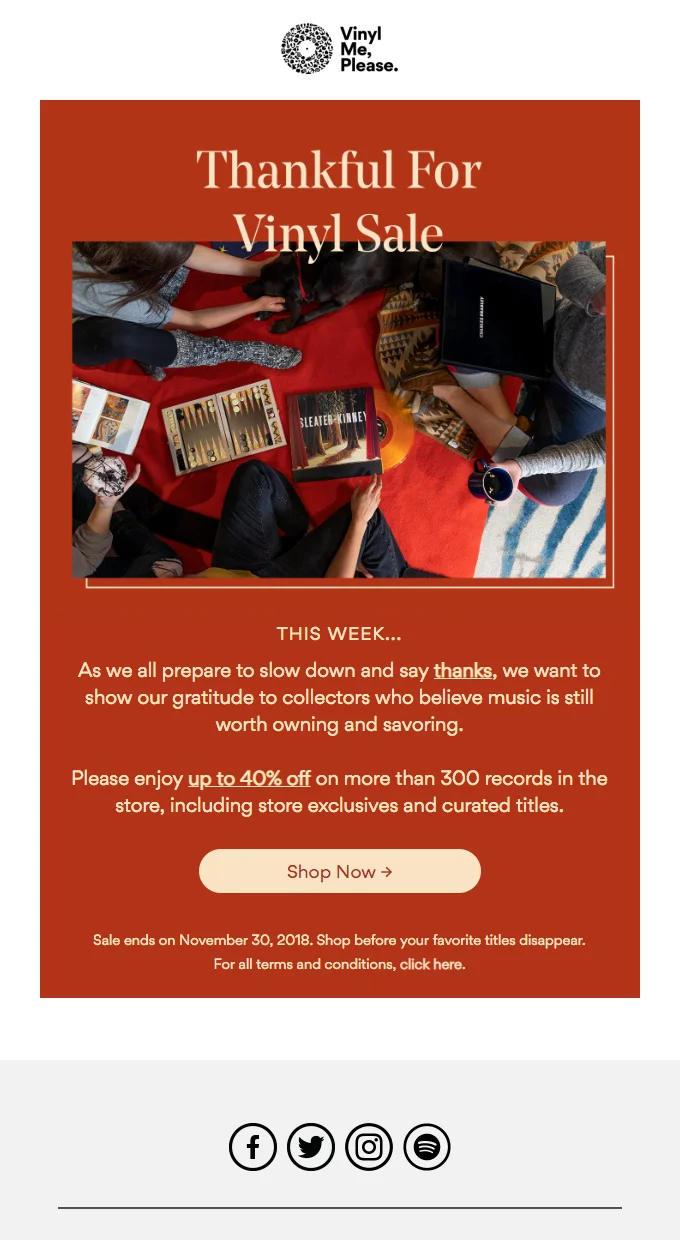 Vinyl Me, Please Thankful For Vinyl Sale email with up to 40% off and the sale end date