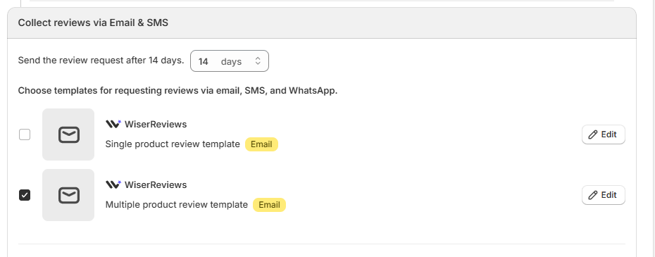 WiserReview review request timing set to 14 days with email template choices