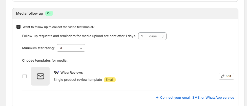 WiserReview media follow-up for photo and video reviews with a minimum star rating