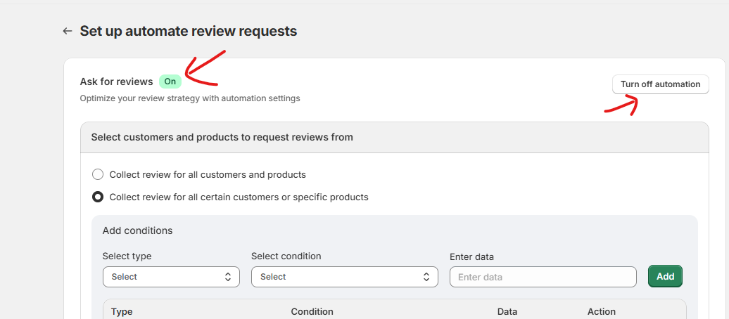 WiserReview automated review request settings with Ask for reviews turned on