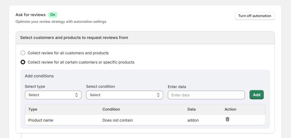 WiserReview automation conditions excluding products whose name contains addon