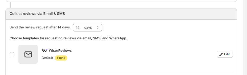 WiserReview Collect reviews via Email and SMS settings with the days delay and the email template