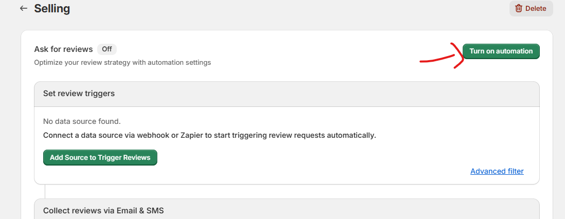 WiserReview automation page with the Turn on automation button marked