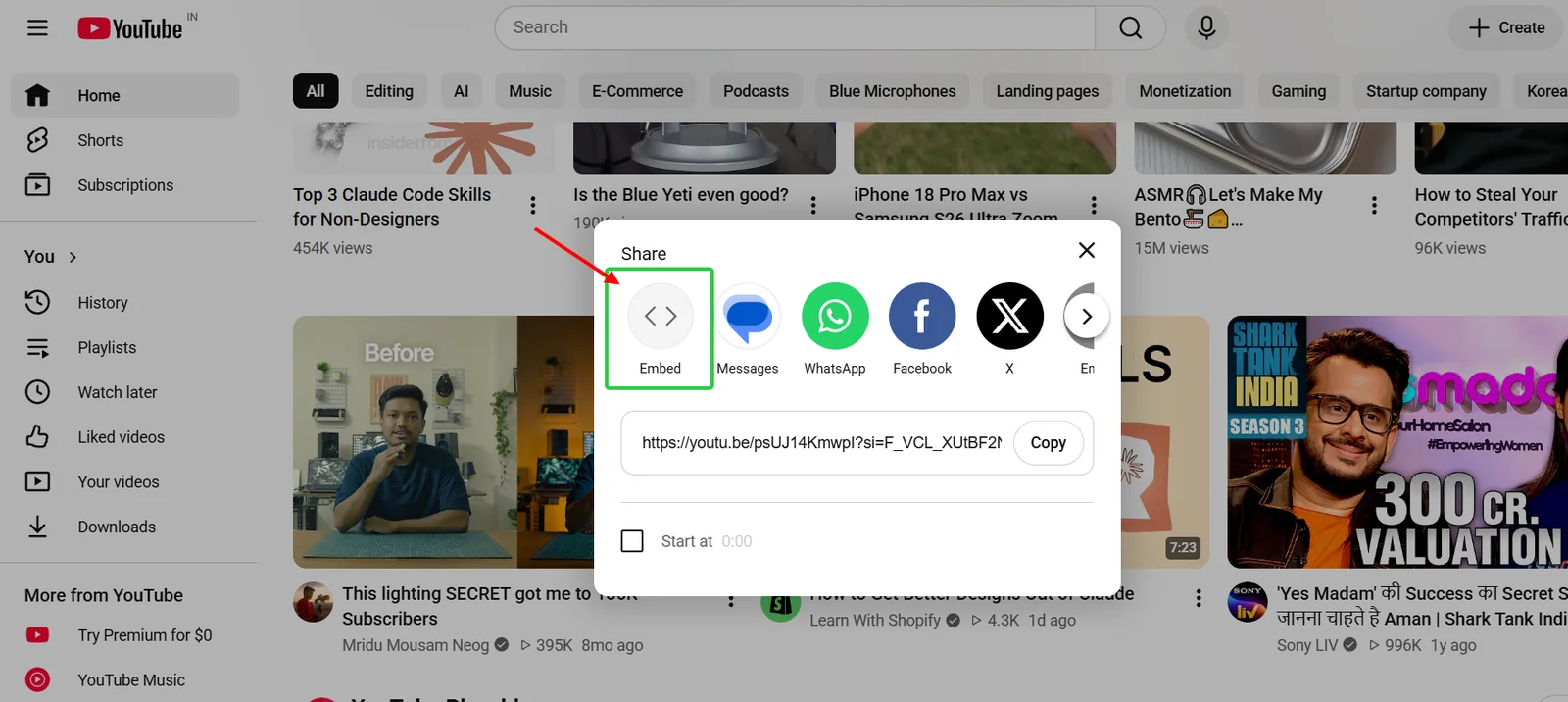 Embed option in the YouTube Share window
