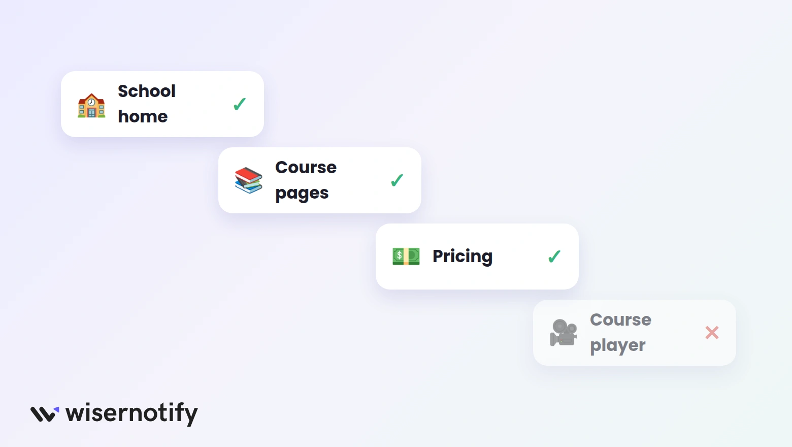 LearnWorlds spots for a callback widget with school home, course pages and pricing ticked and the course player crossed out