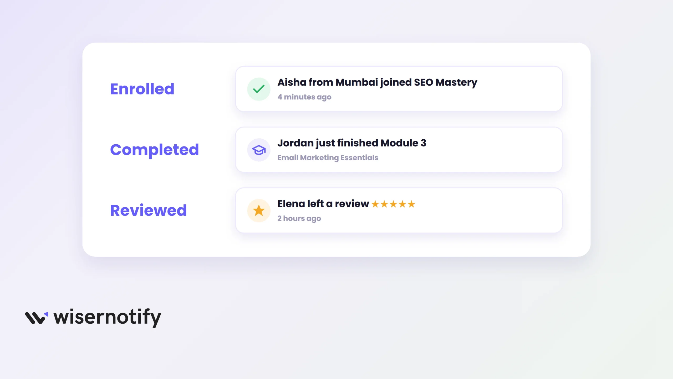 Sales popup examples for Teachable enrollments, module completions, and reviews