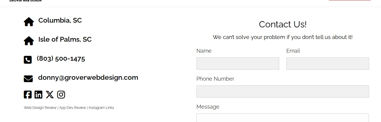 Grover Web Design contact page with a four-field form for name, email, phone number and message