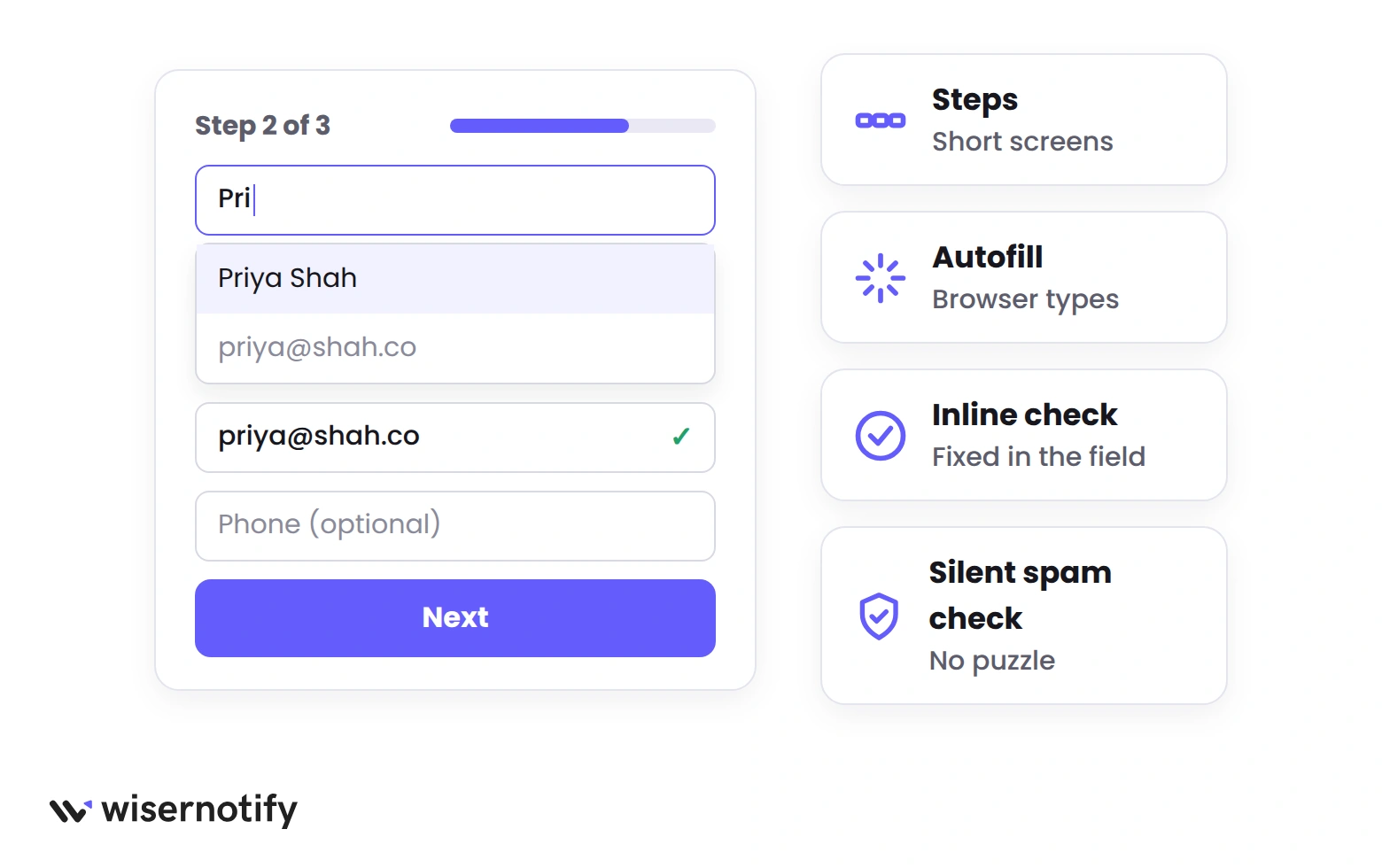 Form mockup showing step 2 of 3, an autofill suggestion, an inline email check and a silent spam check