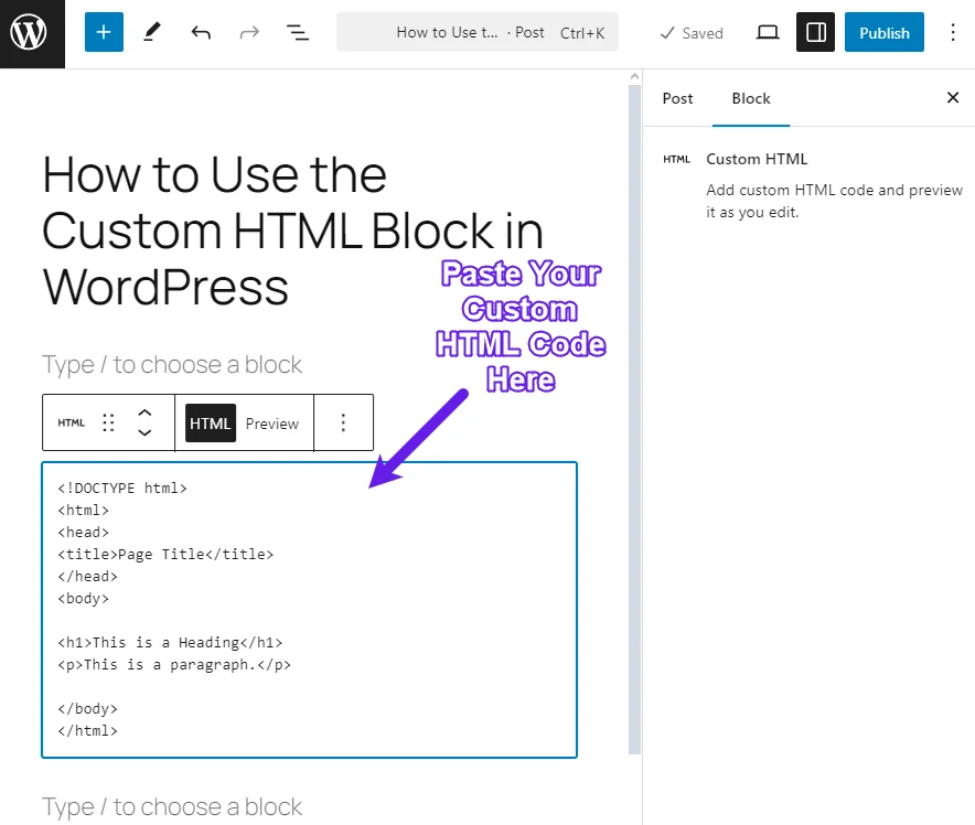 Pasting embed code into a Custom HTML block in WordPress