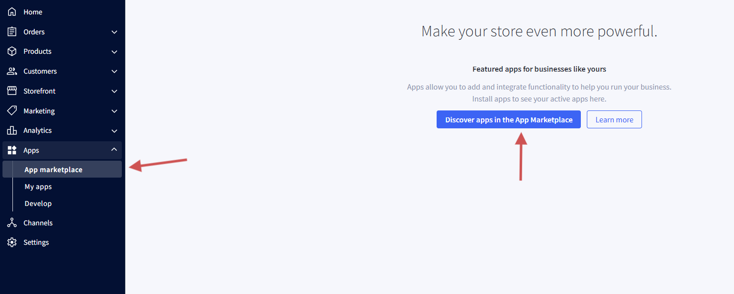 BigCommerce admin with Apps and App Marketplace marked in the left sidebar