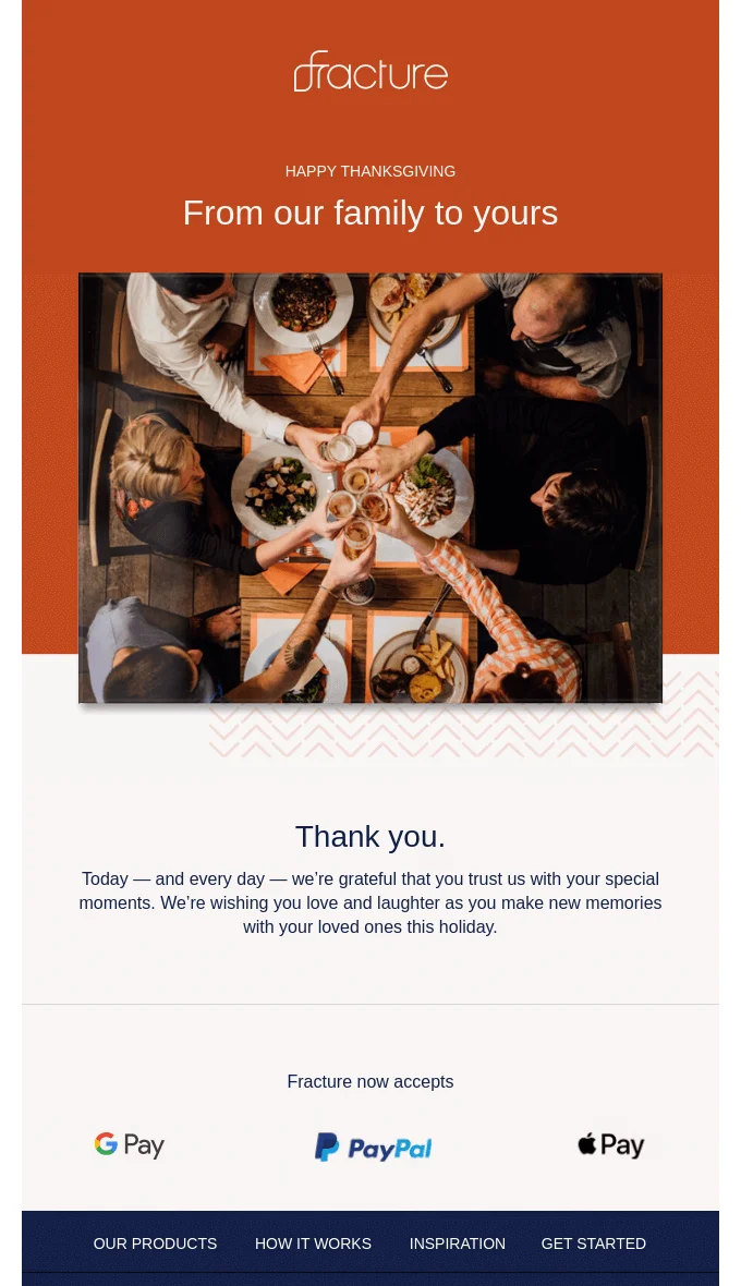 Fracture Happy Thanksgiving email reading From our family to yours with a photo of a shared meal